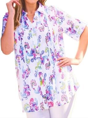 Woman Within Colorful Paisley Pintuck Button Front Tunic - Size 22/24 Boho-chic